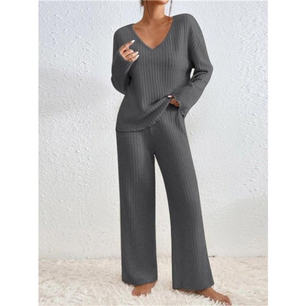 Ribbed V-Neck Top and Pants Set